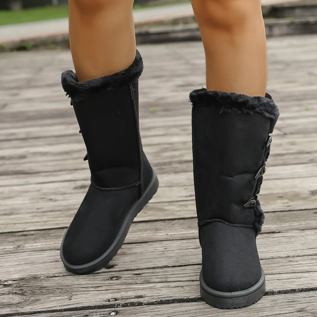 Women Snow Boots Winter Mid-calf Boots Warm Cotton Shoes Fashion Solid Color Button Ladies Brown Long Boots Plus Size 42
