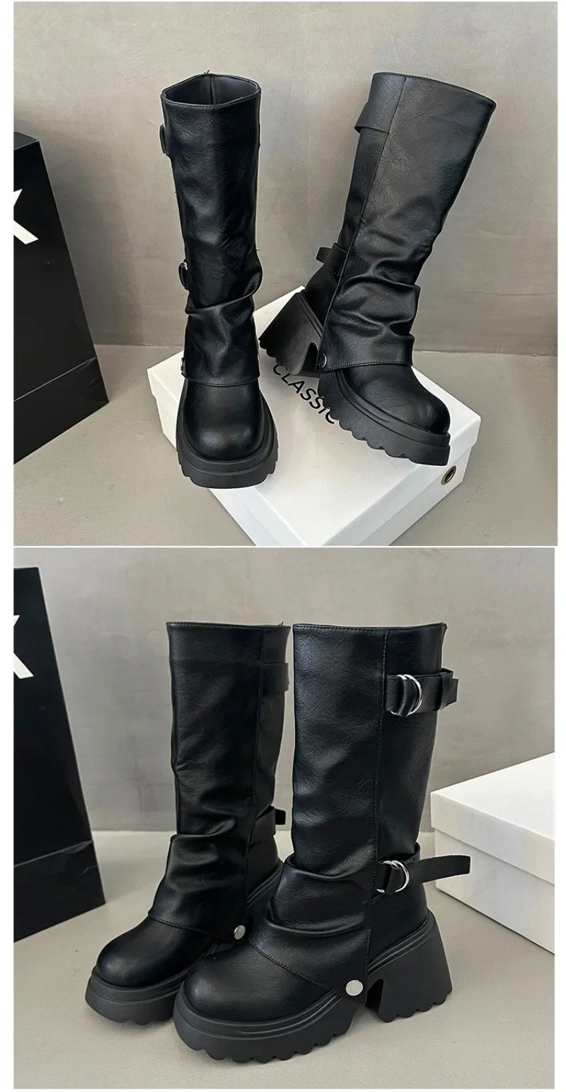 Shang Shi Black Thick High-heeled Thick Soled Boots for Women, 2026 New Winter Versatile Women's Zipper Slimming Pants Leg Boots