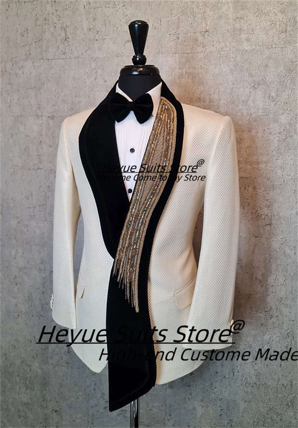 Customized Long Shawl Hand Embroidered Men Suits Elegant White Check Jacquard Groom Wedding Tuxedo 2 Pcs Sets Male Prom Blazers