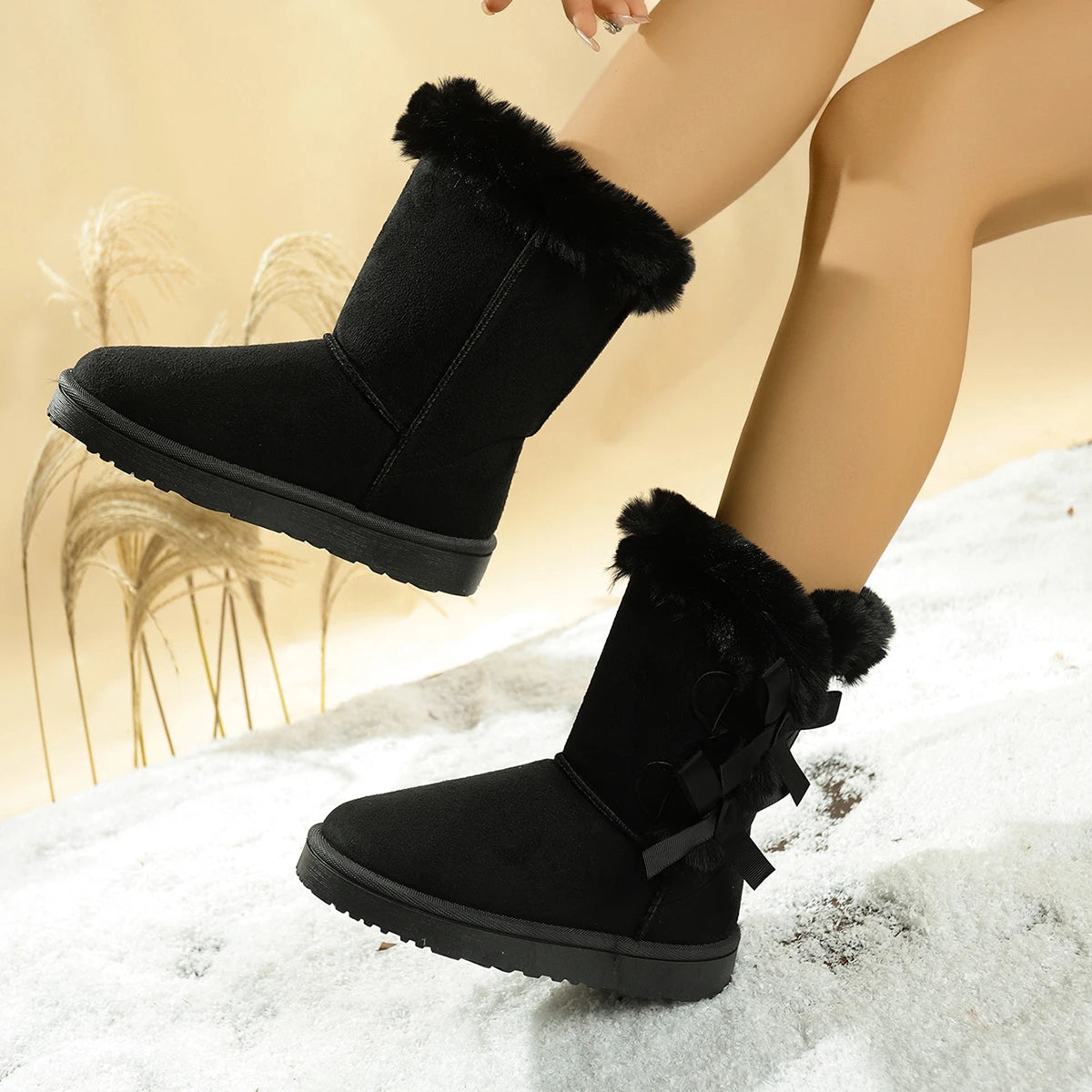 Fashion New Round Head Bow Sexy Warm Casual Walking Boots Winter Large Size Plus Velvet Comfortable Snow Boots for Women