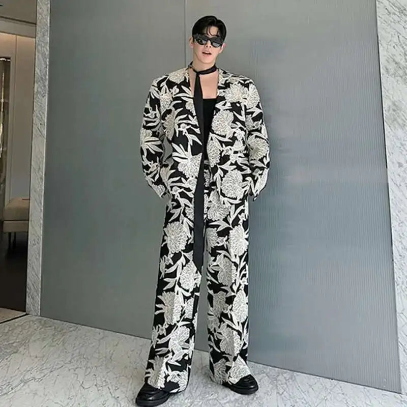 IEFB Niche Design Men's Two-piece Collarless Embroidery Blazer Loose Straight Suit Pants Contrast Color Male Sets New 9C7485