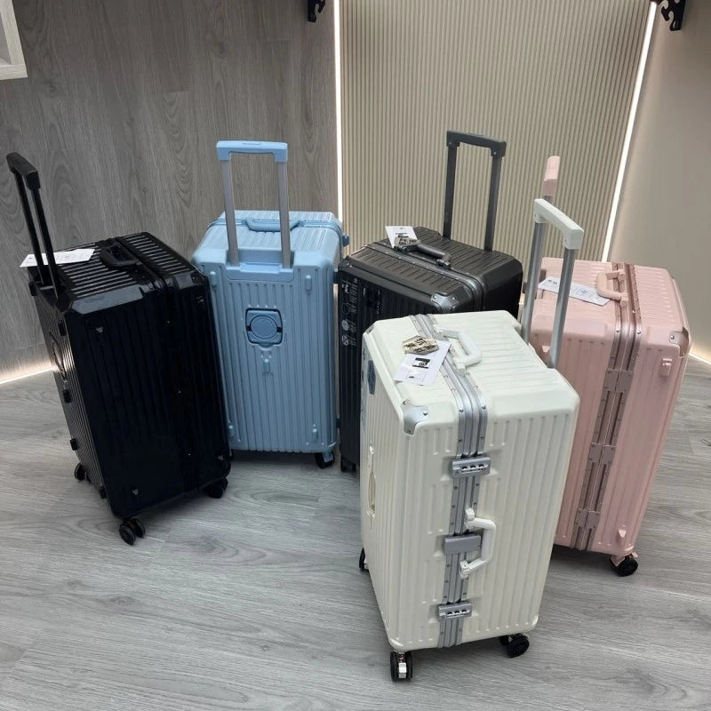 New Suitcase Aluminum Frame Rolling Luggage with Cup Holder Cabin Carrier PC Material Suitcase on Wheels Large Capacity