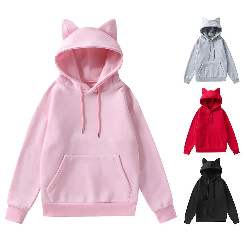 Women's Cat Ear Design Hooded Fleece Sweatshirt Casual Fashion Spring Autumn New Style V-neck Female Clothing  Hoodies Women