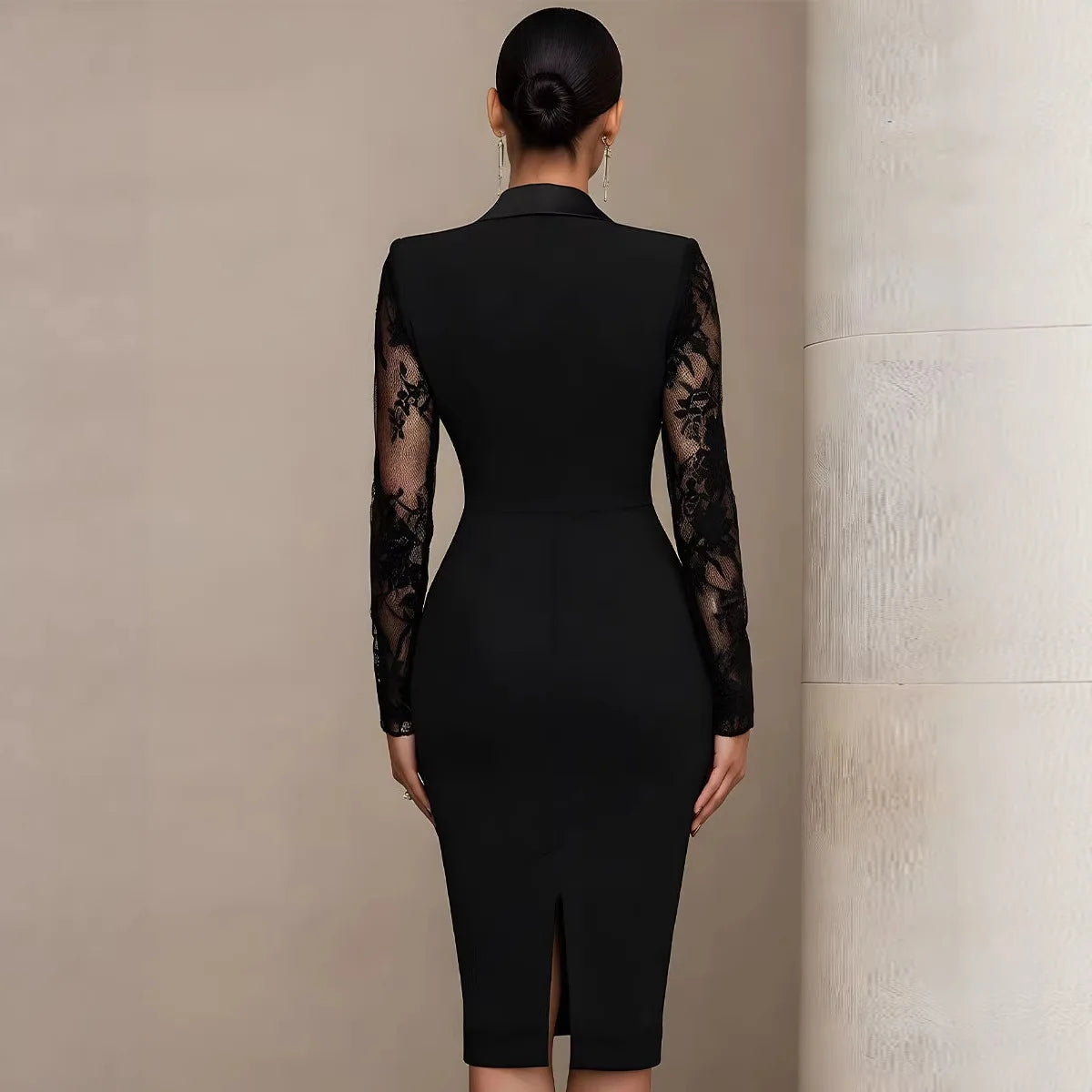 Elegant Lace Sexy Slim Dress for Women's Long Sleeve Satin Notched Collar Hollow Out Office Lady Spring Fashion Casual Dress
