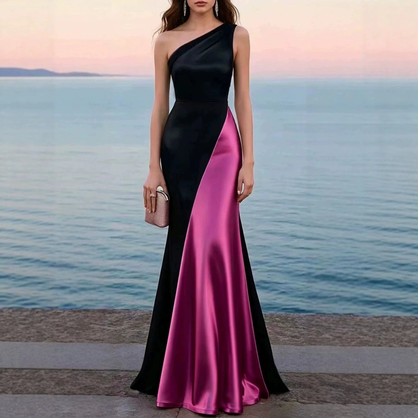 Women Luxury Satin One Shoulder Long Dress Black Red Patchwork Bodycon Mermaid Gown for Birthday Cocktail Wedding Guest Evening