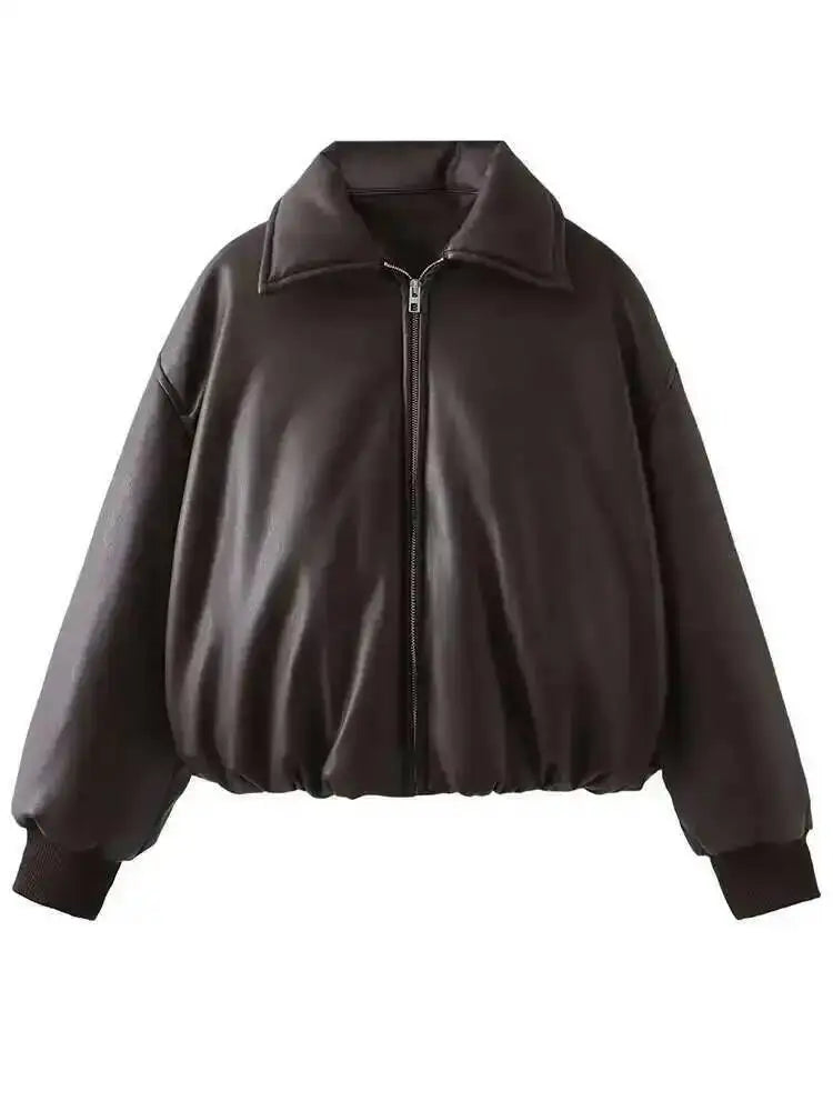 SHENGPALAE Women's Fashion 2026 Autumn Winter New Clothes Solid Color Leather Thicken Warm Female Short Cotton Jacket 5C1437