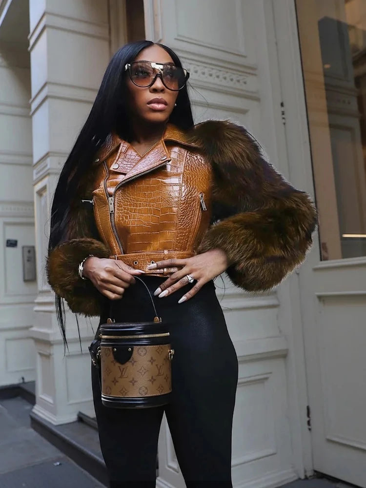 Leosoxs Winter New Sexy Fur Leather Patchwork Jacket for Woman Motorcycle Lapel Zipper Crop Coat  Female Streetwear Clothing