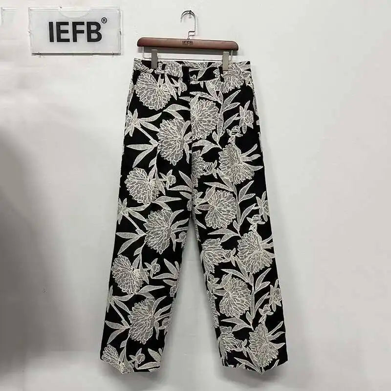 IEFB Niche Design Men's Two-piece Collarless Embroidery Blazer Loose Straight Suit Pants Contrast Color Male Sets New 9C7485