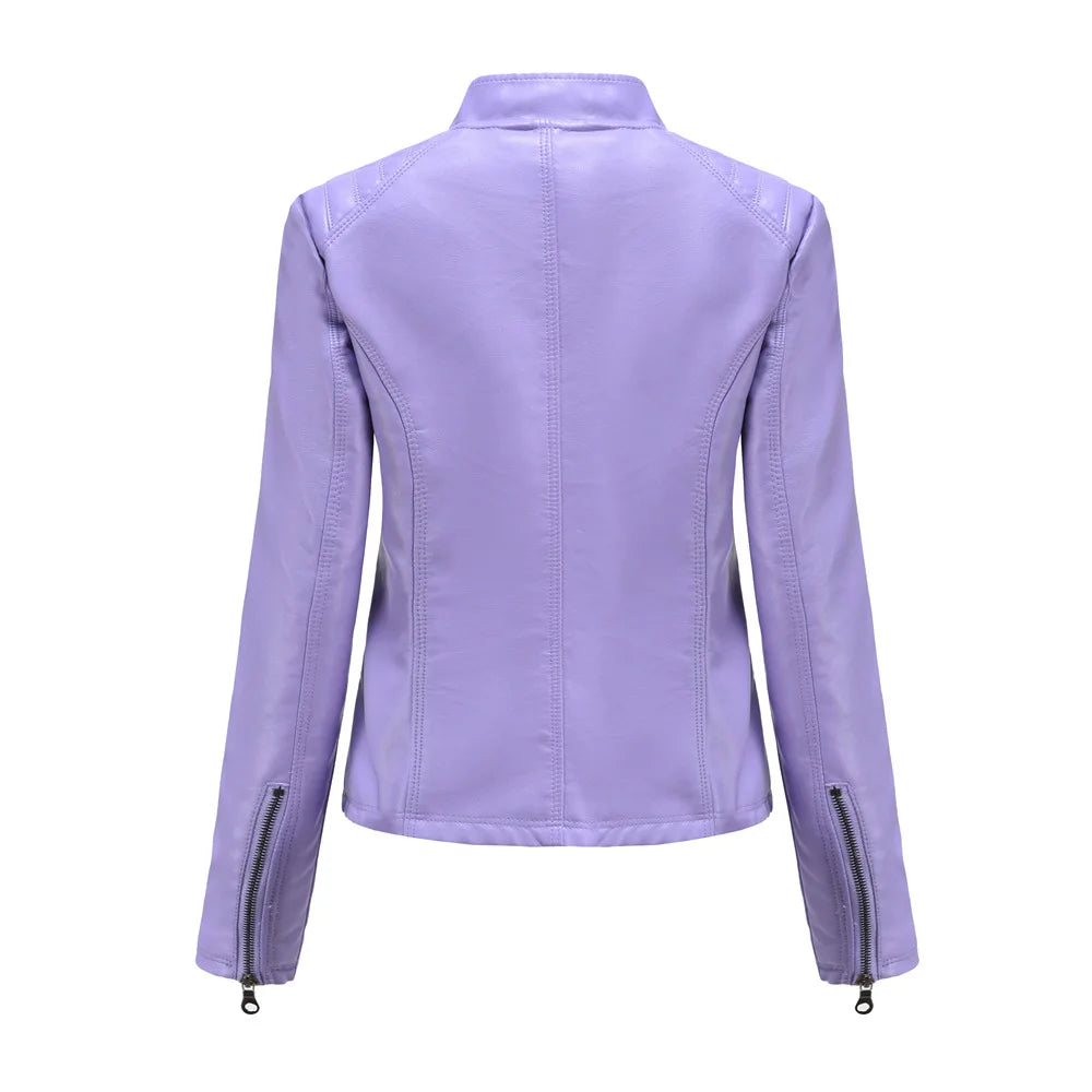 Ladies casual stand-up collar jacket Slim models women's spring and autumn solid color women's leather jacket