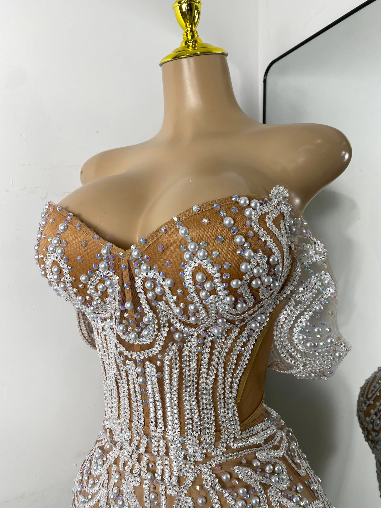 Luxury Pearls Sparkly Rhinestones Women Sexy Off Shoulder Mesh See Through Mini Bodycon Birthday Dress Party Performance Costume
