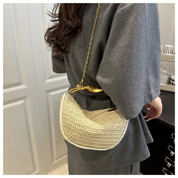 Luxury Metal Handle Clutch Bag Women Exquisite Handmade Rattan Woven crossbody Bag Half-moon Beach Bags Roomy Straw Tote Bag