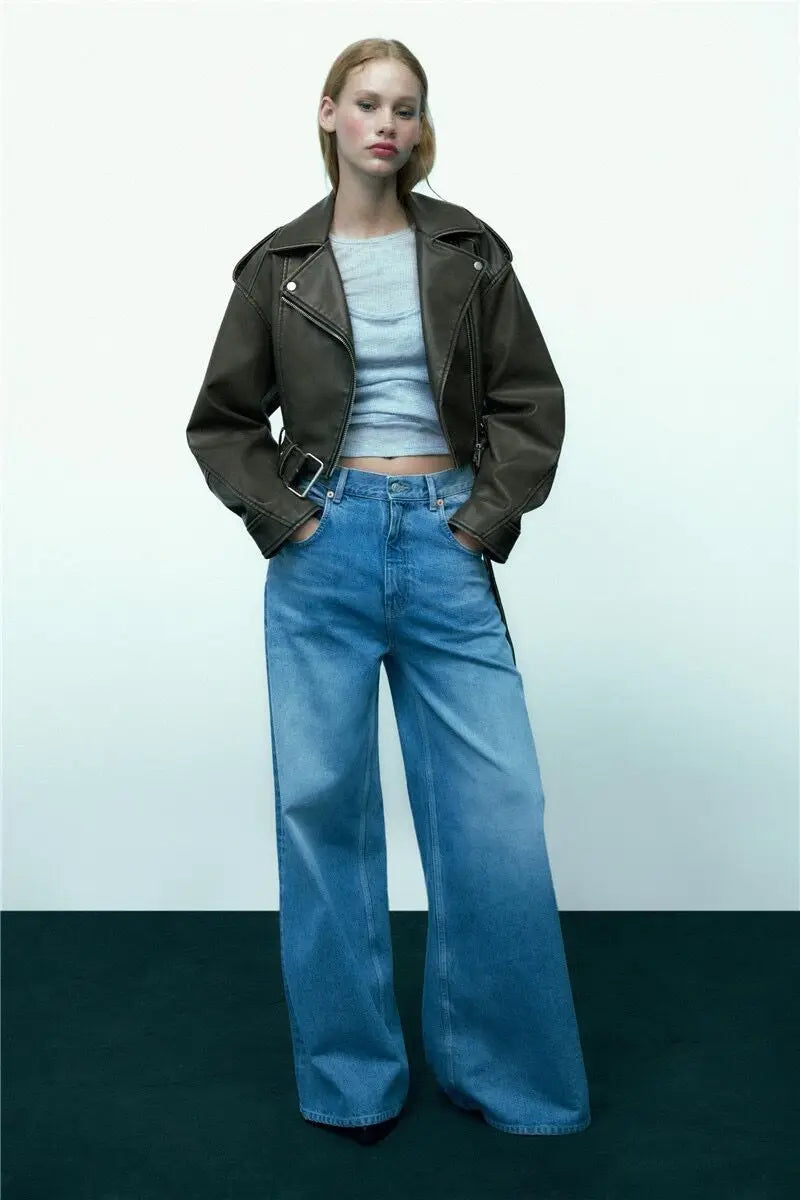 Women Autumn Winter Loose Gray PU Faux Leather Short Jackets Belt Female High Street Zipper Retro Moto Biker Coats Outwear XS-XL