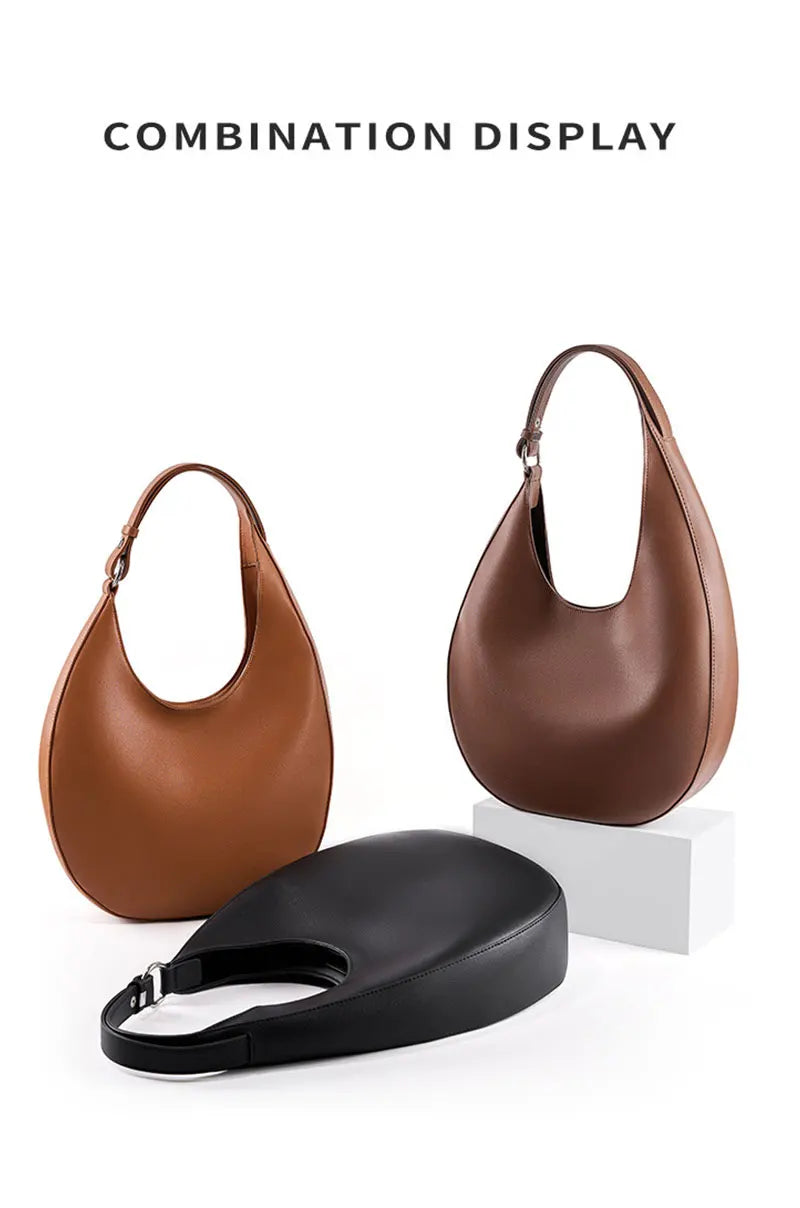 Genuine Leather Women Tote Bags Fashion Luxury Designer Women's Shoulder Bag Quality Cowhide Large Capacity Half Moon Handbags