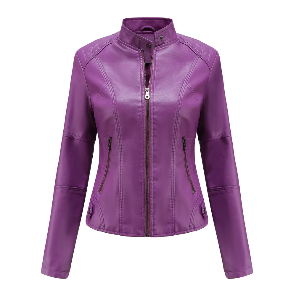 Women's Leather Jacket Women's Slim-Fit Jacket Thin Autumn Jacket Women's Biker Jacket Large Size Standing Collar Leather Jacket