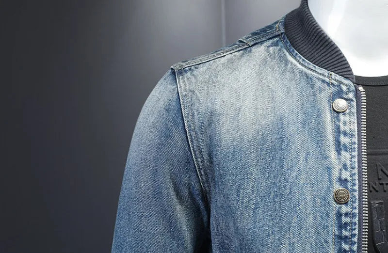 Mens Denim Bomber Jacket Slim Fit Vintage Moto Biker Short Cargo Coat Male Long Sleeve High Street Stand Collar Pilot Jackets
