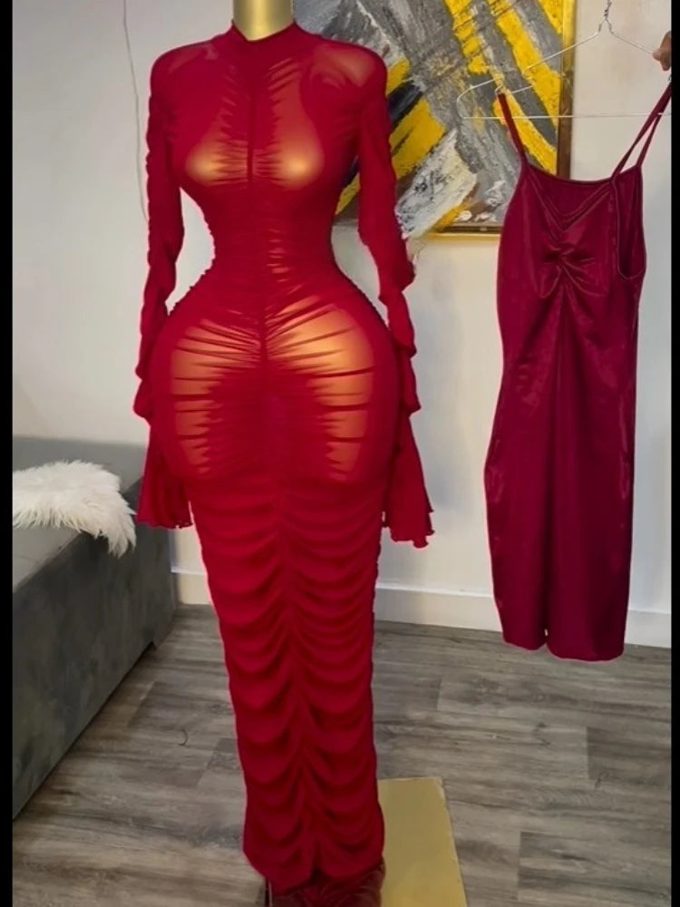 CM.YAYA Women Flare Long Sleeve Stacked Ruched Mesh See Though with Tank Dress Maxi Long Dress 2025 Birthday Sexy Party Dresses