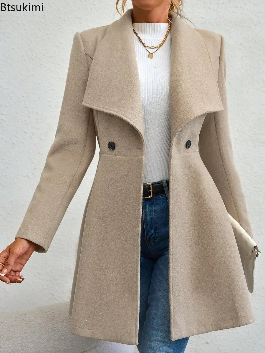 Autumn Winter Women Coat Fashion Solid Color Lapel Collar Single-breasted Slim Fit Female Woolen Coat Mid Length Lady Overcoat