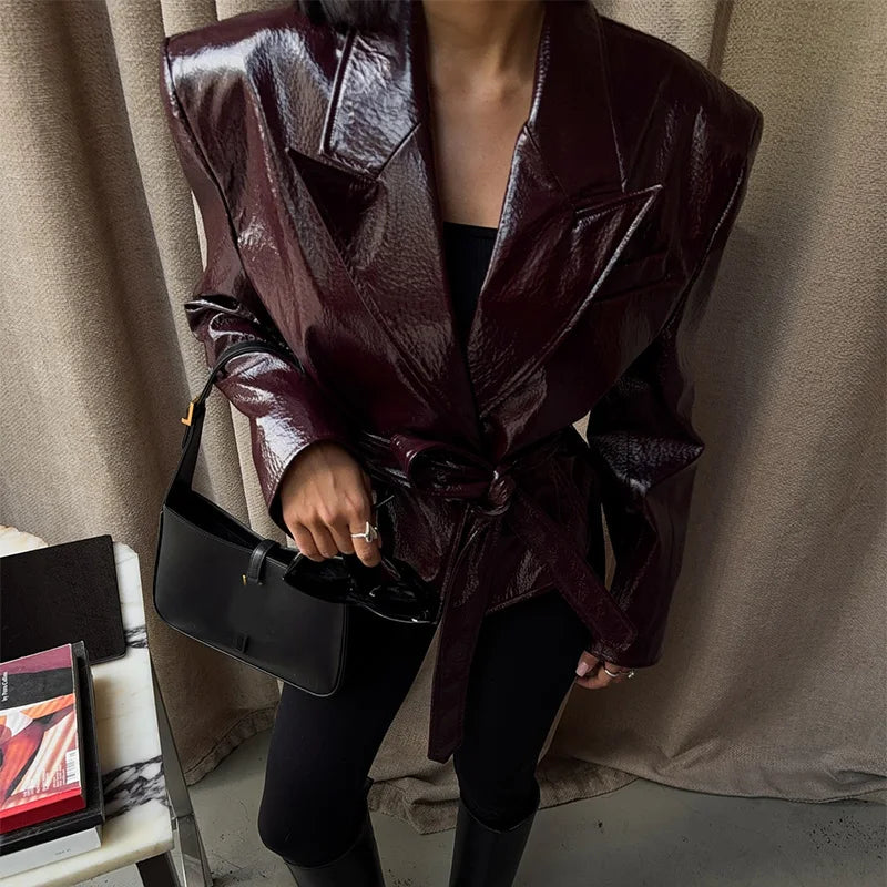 Glossy Lace-up Leather Jackets 2026 Autumn Female Lapel Shoulder Pad Full Sleeve Short Coat Women's Slim Waist-cinching Outwear