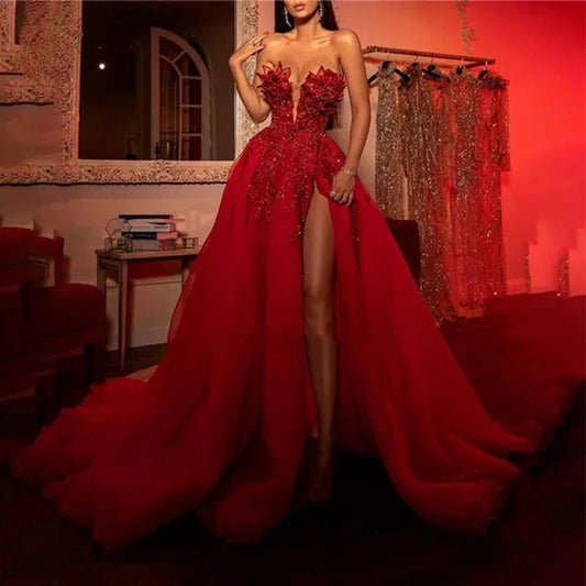 Elegant Gorgeous Satin Evening Dresses For Women Fashion Sexy Backless Off Shoulder Sleeveless High Split Customized Prom Gowns