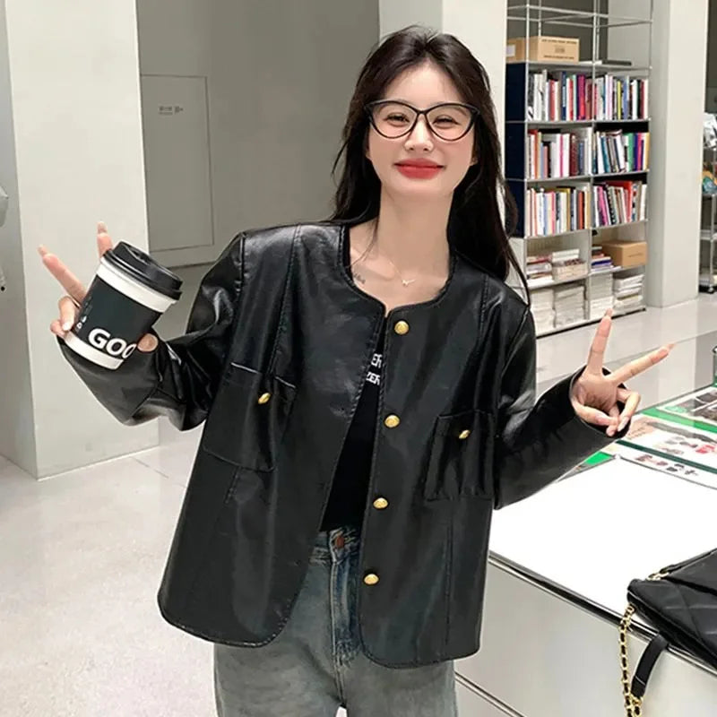 Small Fragrance Leather Jacket Women's Spring Autumn 2026New PU Leather Coat Lady Short High Sense Outerwear Popular Female Tops