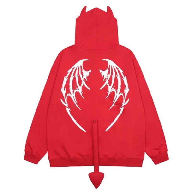 2025 Autumn Harajuku Hoodies Women Gothic Devil Horn Hooded Sweatshirt Halloween Cos Clothes Detachable Tail Zip-Up Outwear