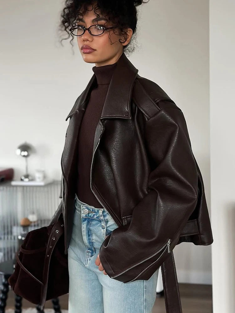 Women Chic Brown Leather Jacket With Belt Chic Full Sleeve Laple Zipper Short Coats 2026 Autumn New Ladies Street Biker Jackets