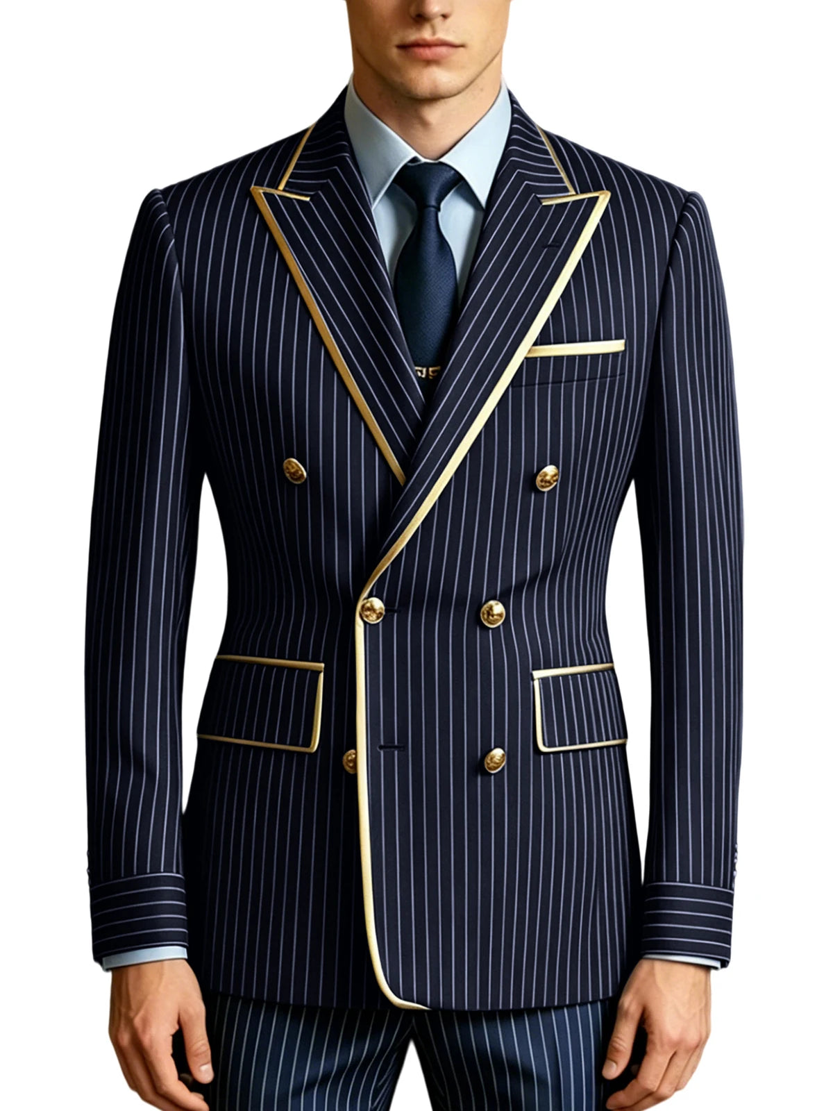Men's Double Breasted Pinstripe Blazer Slim Fit Formal Business Suit Jacket Luxury Gold Trim  Tuxedo for Wedding Party Office