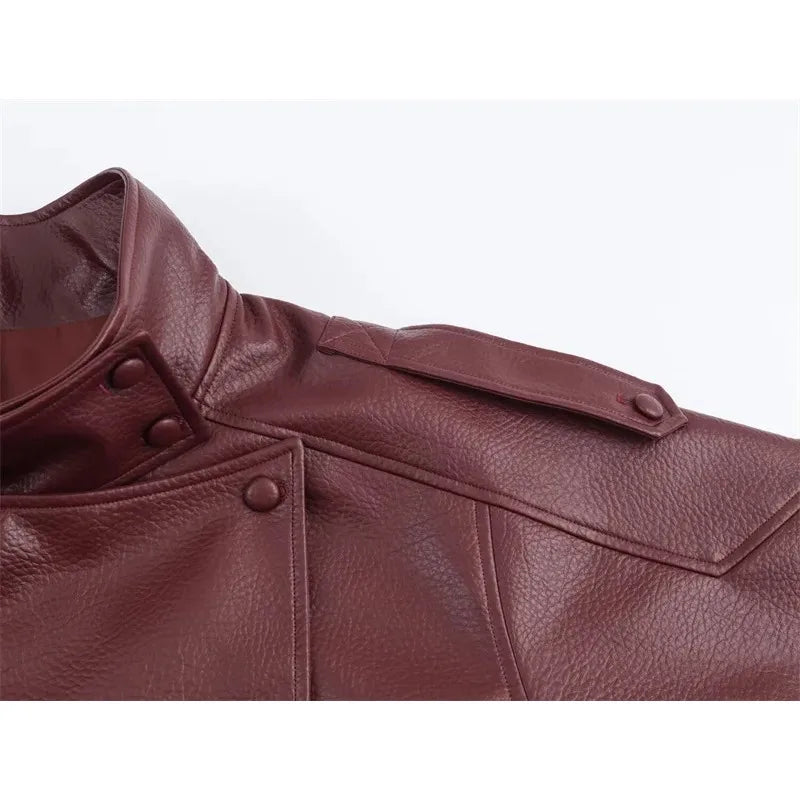 Women's 2026 Autumn New Classic Commuter Style Black Long Sleeve Pebble Faux Leather Motorcycle Fashion Jacket
