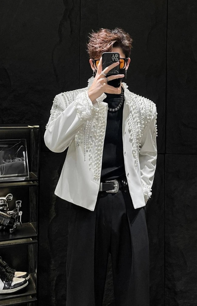 Fashion Men's Jacket Spring Autumn High-End Pearl Niche Personality Design Short Men's Stand Collar Coat