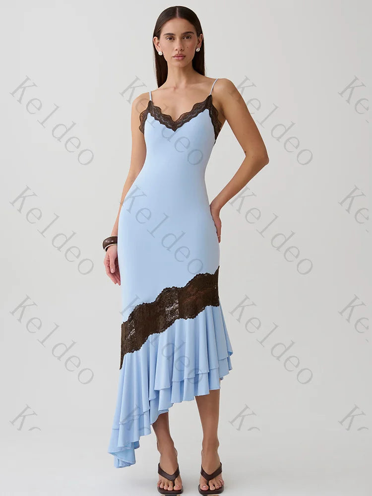 Customized Spaghetti V-neck Sleeveless Mermaid Evening Dresses Patchwork Lace Ruffles Draped Open Back Ankle Length Prom Party