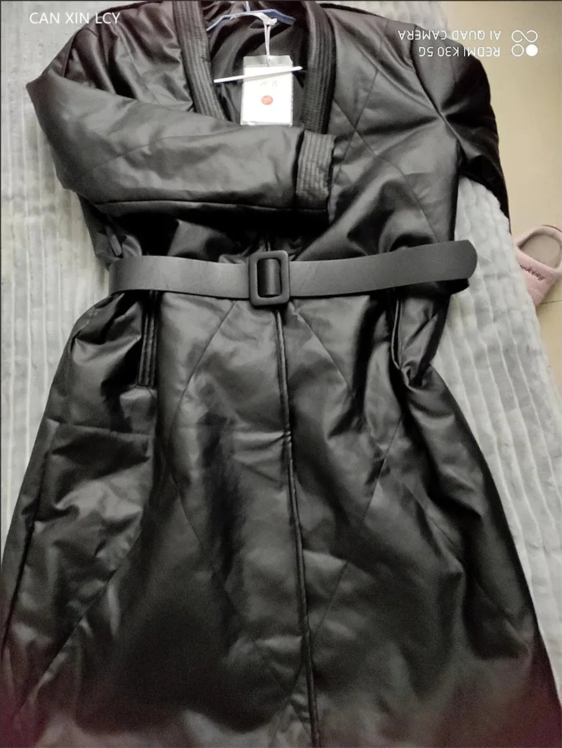 High End Leather Jacket New Women Autumn Winter Long PU Leather Windbreaker With Belt Female Down Cotton Coat Thick Warm Parkas