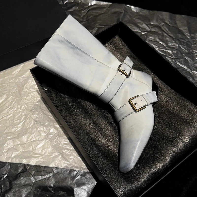 Arden Furtado Autumn Belt buckle cowhide Mid-Calf boots Square toe pull-on Middle heel Modern boots Large size Women's Boots