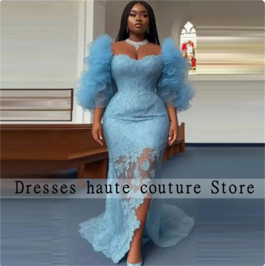 New Popular Blue Lace African Evening Dresses 2025 Aso Ebi Wedding Party Dress Bridesmaid Gown Women Formal Dress Customized