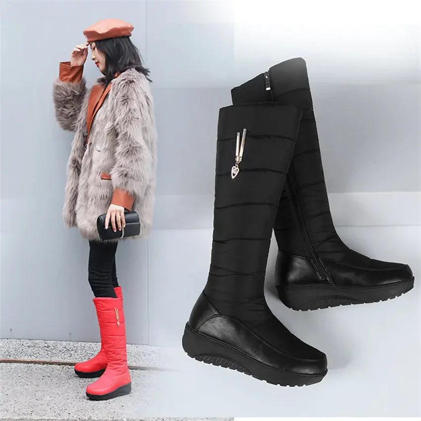 Women Warm Fur Mid-calf Snow Boots Round Toe Red Black Down Crystal Dec Party Travel Lady Wedge Platform Winter Plush Half Boots