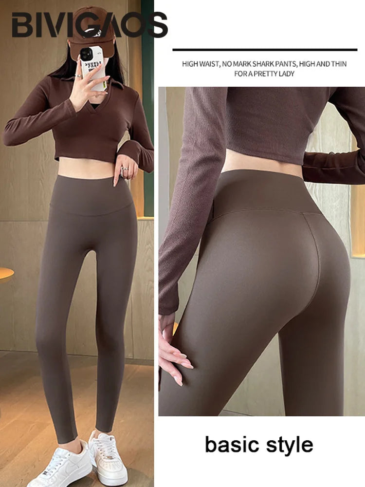 BIVIGAOS Seamless Basic Shark Leggings Women's Fall Winter Thin Fleece Sports Leggings Elastic Warm Fitness Yoga Leggings