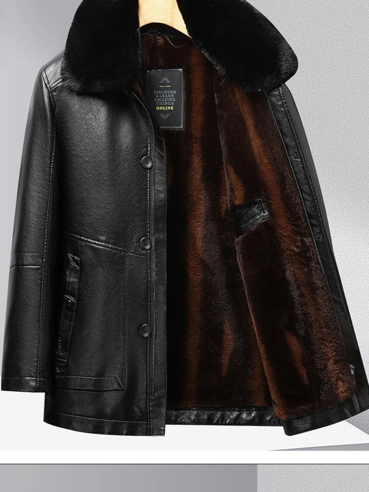 Leather Jacket Men Winter Jacket Men Medium Length Plush Thickened Leather Coat for Men Fur Collar Windbreaker for The Elderly