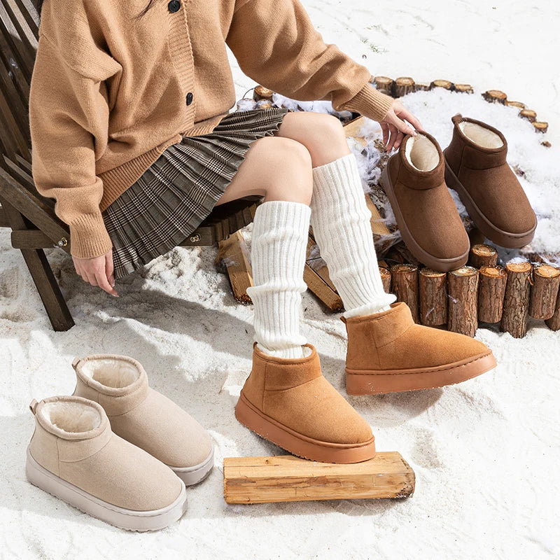 Faux Suede Thick Bottom Snow Boots Women 2025 Trend Warm Thicken Plush Cotton Shoes Woman Slip On Non Slip Winter Ankle Boots