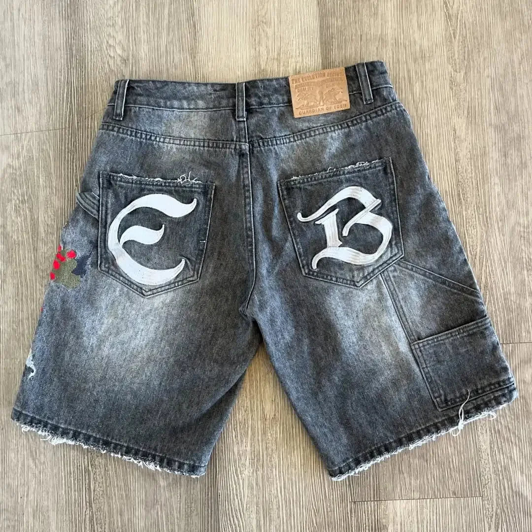 American Fashion Printed Denim Shorts Harajuku Hip-Hop High Street Denim Shorts Fashion Street Y2K Denim Shorts Men's Clothing