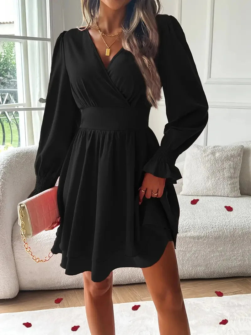 Dresses 2025 Woman Clothing V Neck Lantern Sleeve Wrap Mini Dress Ruched High Waist Elegant For Autumn Party Dress Vestidos