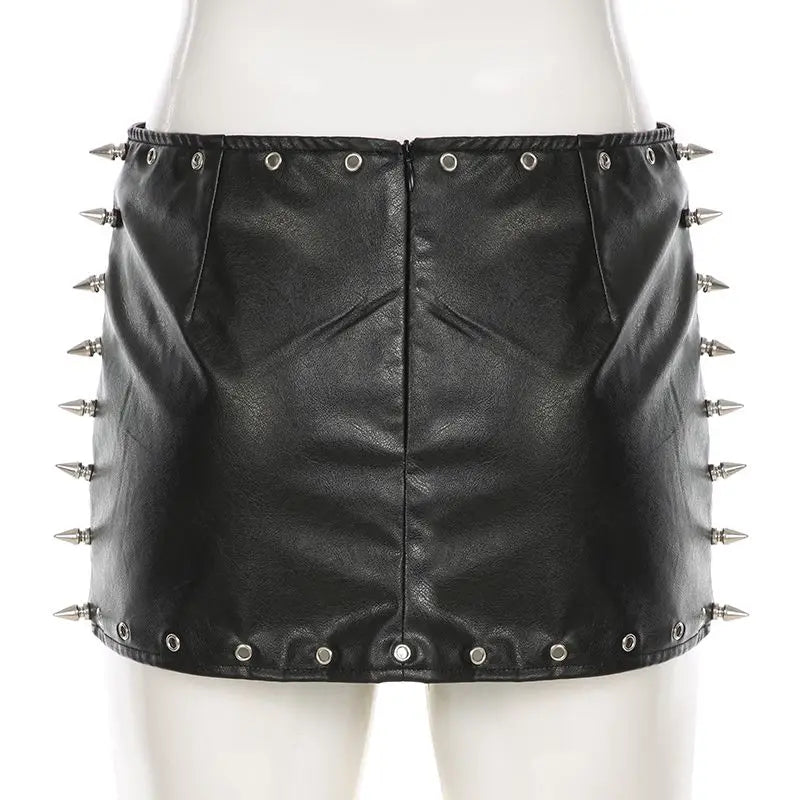 Punk Rock Leather Mini Skirt Women Y2K Studded Low Waist Bodycon Pencil Skirt Edgy Biker Chic Vintage American Retro Hot Sale