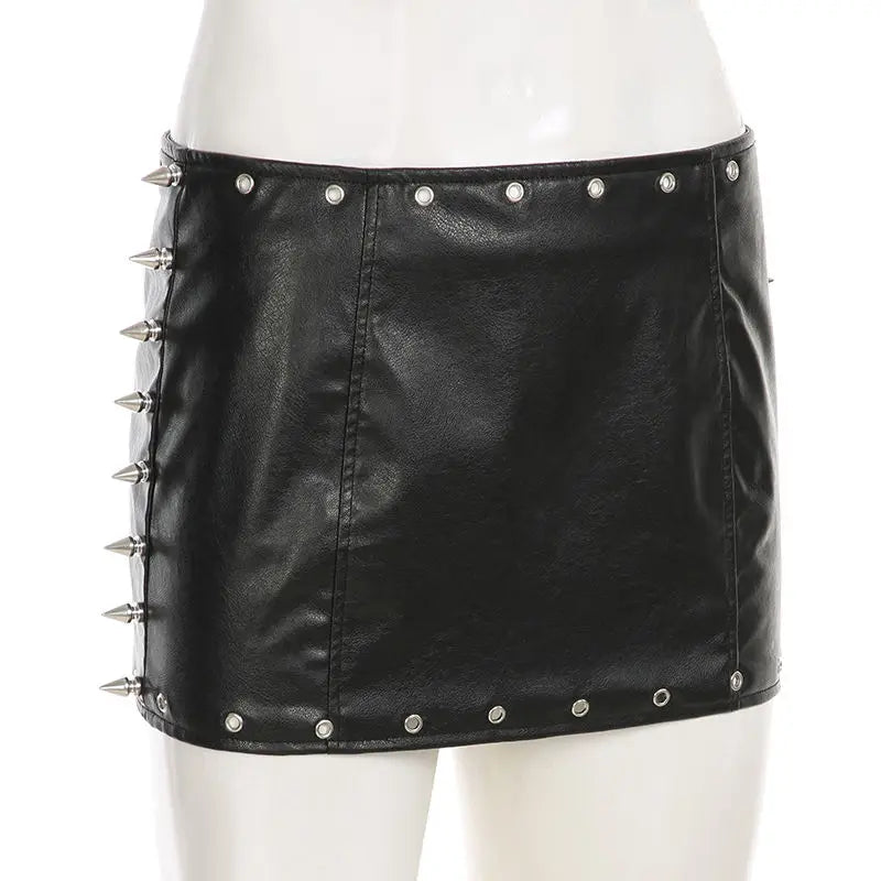 Punk Rock Leather Mini Skirt Women Y2K Studded Low Waist Bodycon Pencil Skirt Edgy Biker Chic Vintage American Retro Hot Sale