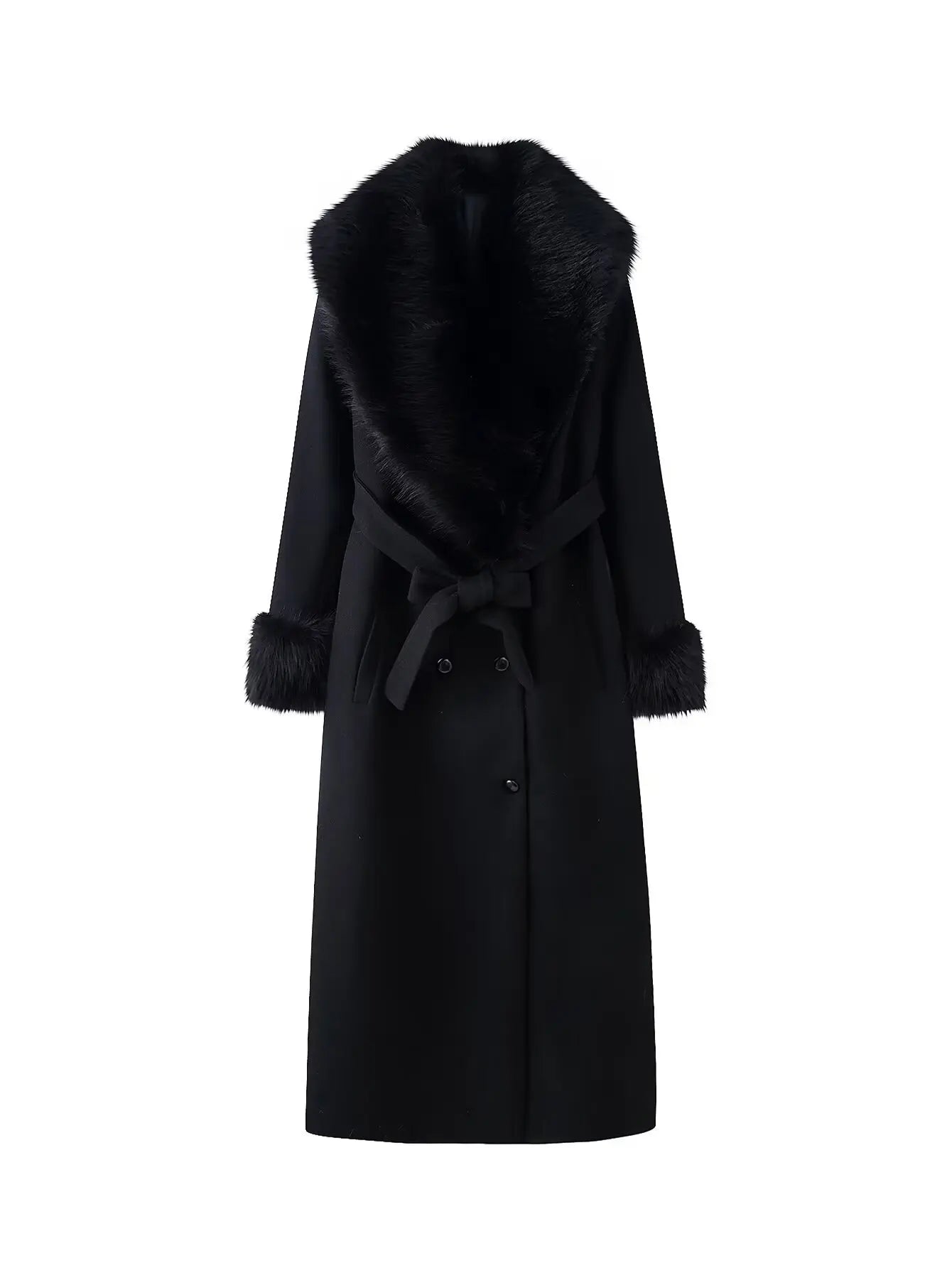 HH Winter Women Elegant Fur Collar Pockets Woolen Long Coat Female Temperament Warm Lapel Long Sleeve Double-breasted Belt Jacke