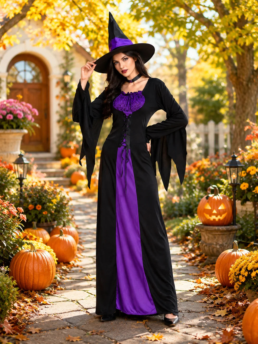 Womens Halloween Witch Costume Purple Black Long Dress Gothic Sorceress Gown Bell Sleeve Lace Up Cosplay Parties  Fancy Outfits