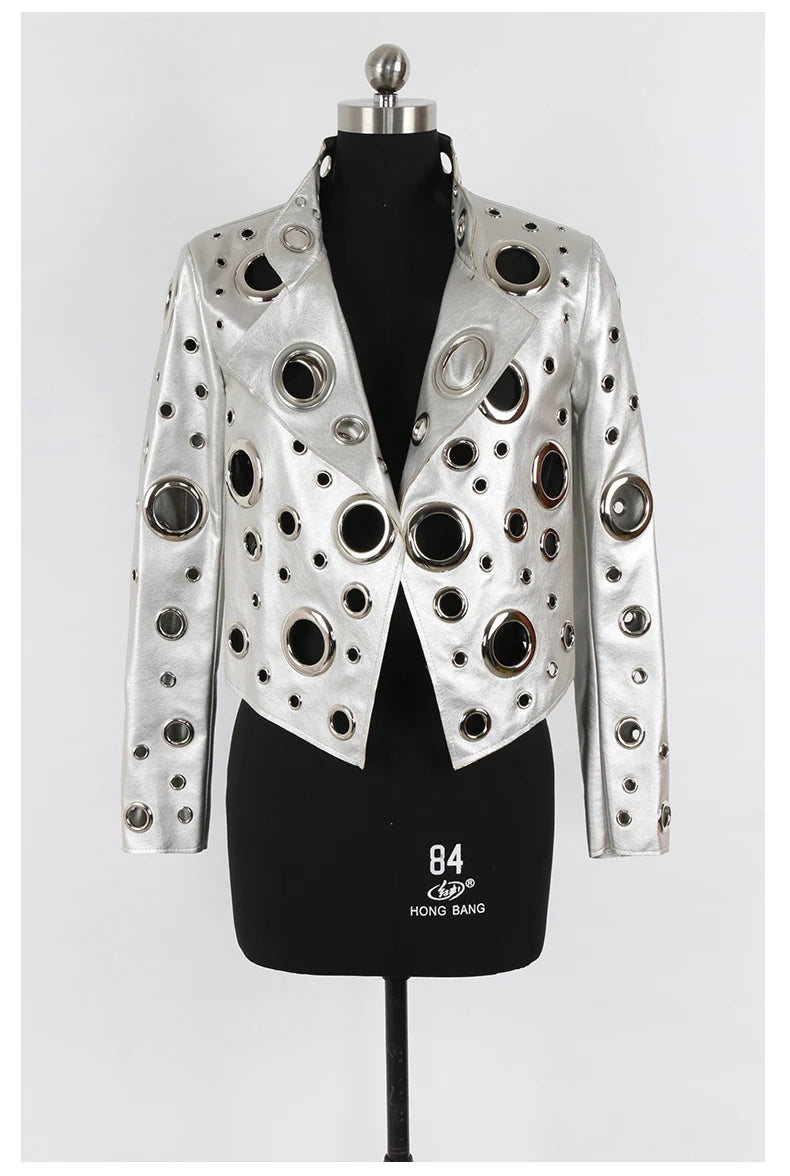 Nerazzurri Spring Autumn Short Hollow Out Pu Leather Jacket Women Rivet Cool Stylish Luxury Designer Clothes Runway Fashion 2024