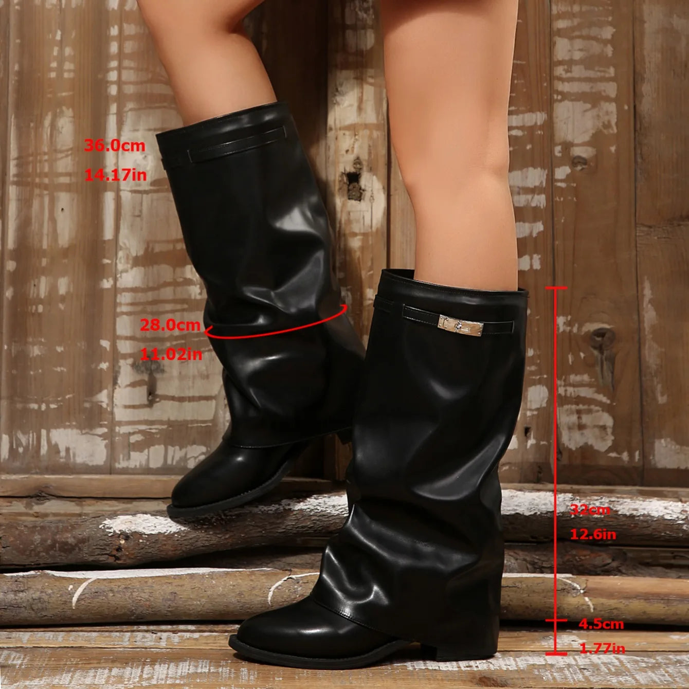 2026 New Round Toe Solid Color Knee High Boots for Women Fashion Simple Style Fold Cuff Chunky Heel Comfort Casual Women's Boots