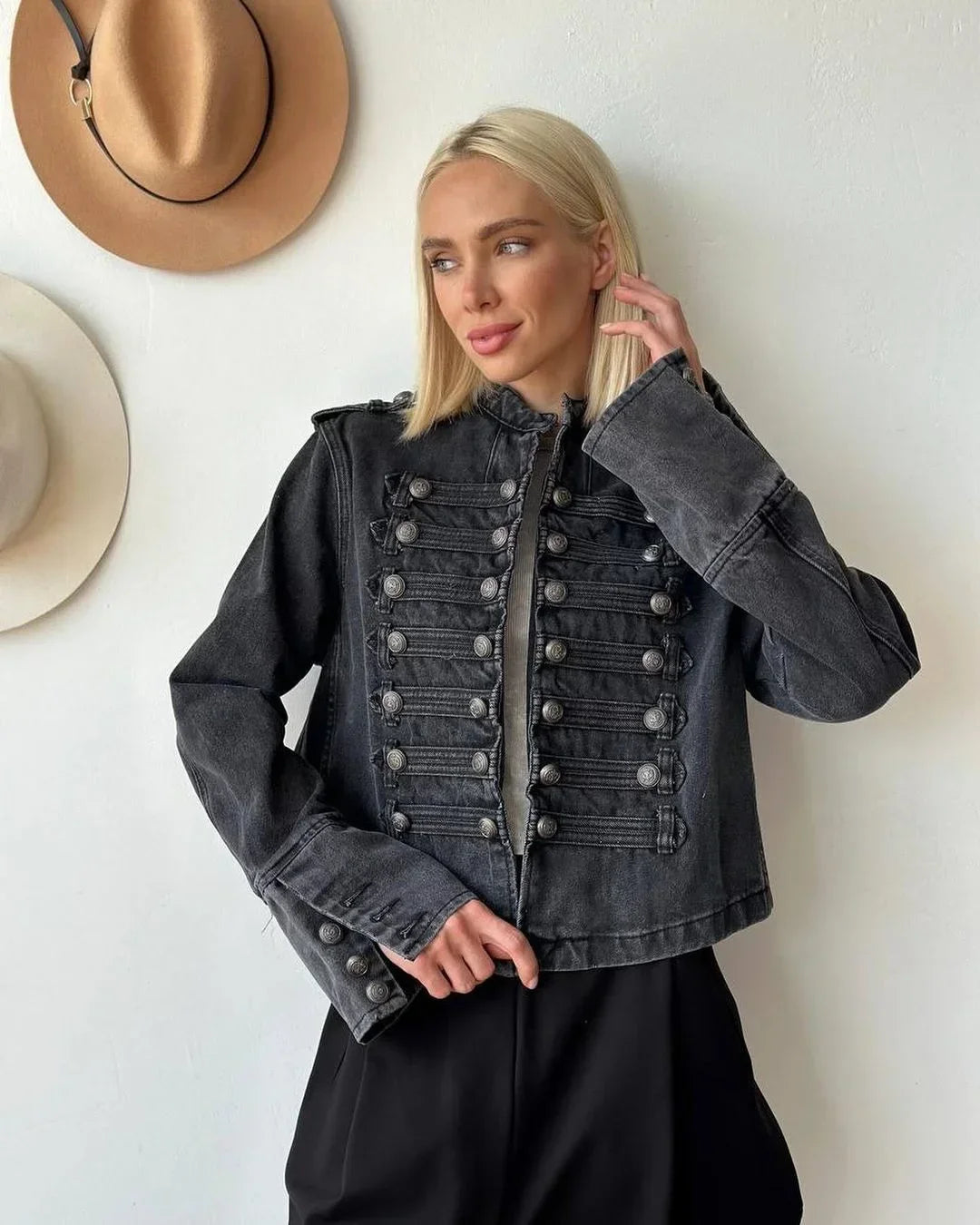 Vintage Denim Military Jacket Women Retro Solid Round Neck Single Breasted Slim Short Jackets 2026 Lady Daily Street Outerwears