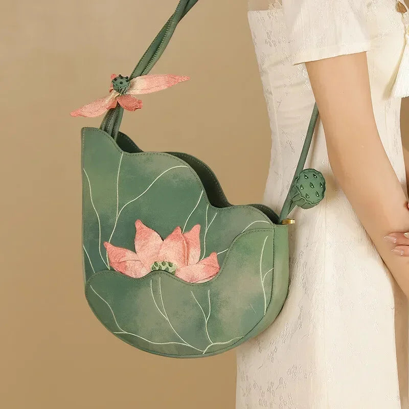 Elegant Chinese Style Lotus Leaf Floral Embroidery Shoulder Bag for Women Designer Handbag Fashionable Female Bag New Collection