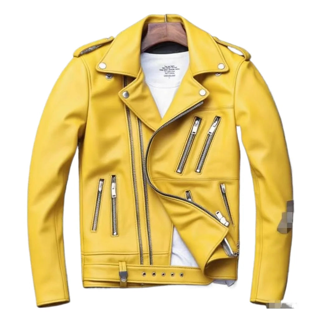 Winter and Autumn Men's Oversized Button-down PU Leather Coat with Multiple Zippers Polo Jacket, with Many Zippers