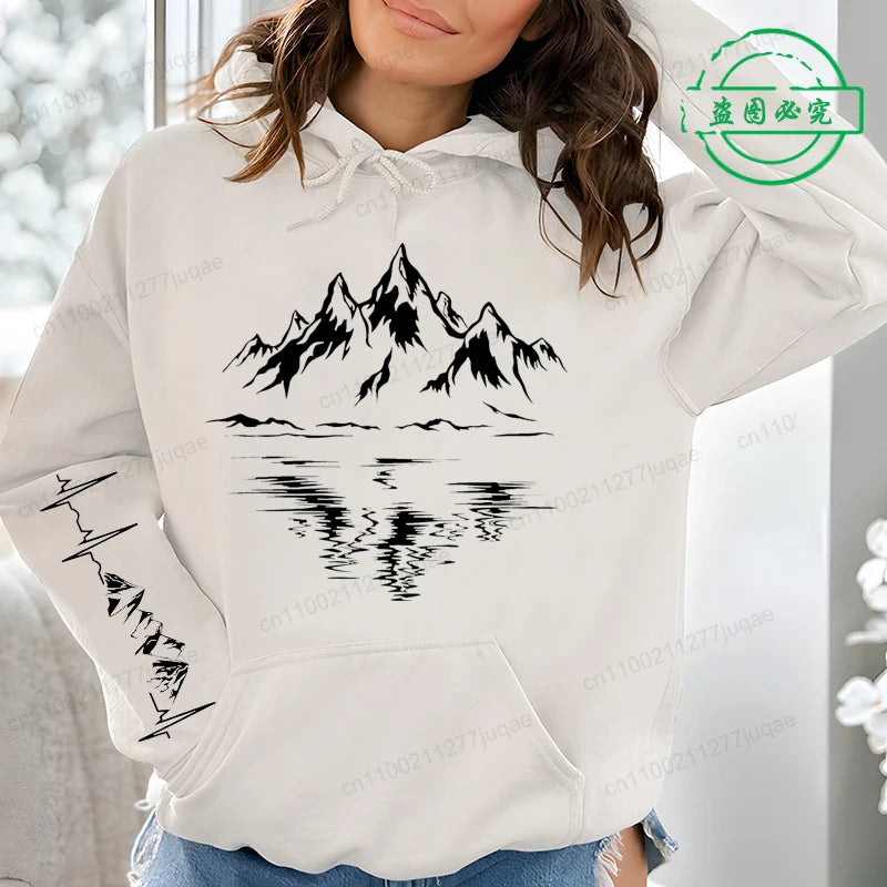 Mountain Print Women Hoodies Outdoor Climbing Hiking Graphic Hoodies Long Sleeve Top Outdoor Lovers Women's  Hooded Sweatshirts