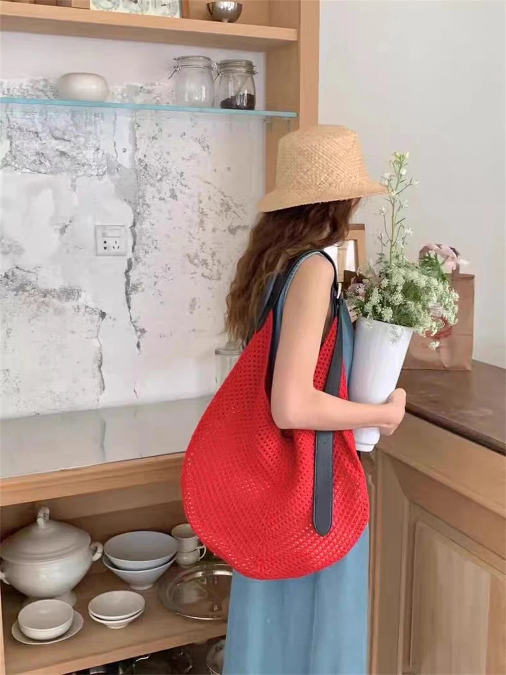 Lattice Large Capacity Woven Bag 2025 Spring Summer New Women's Beach Vacation Single Shoulder Simple Versatile Casual Tote Bags